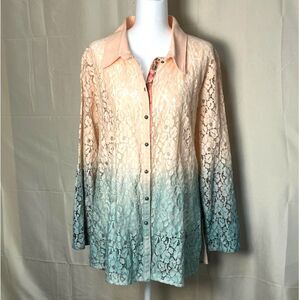 Soft Surroundings XL Silk Trim Lace Button Front Blouse Peach Aqua Ombre Top